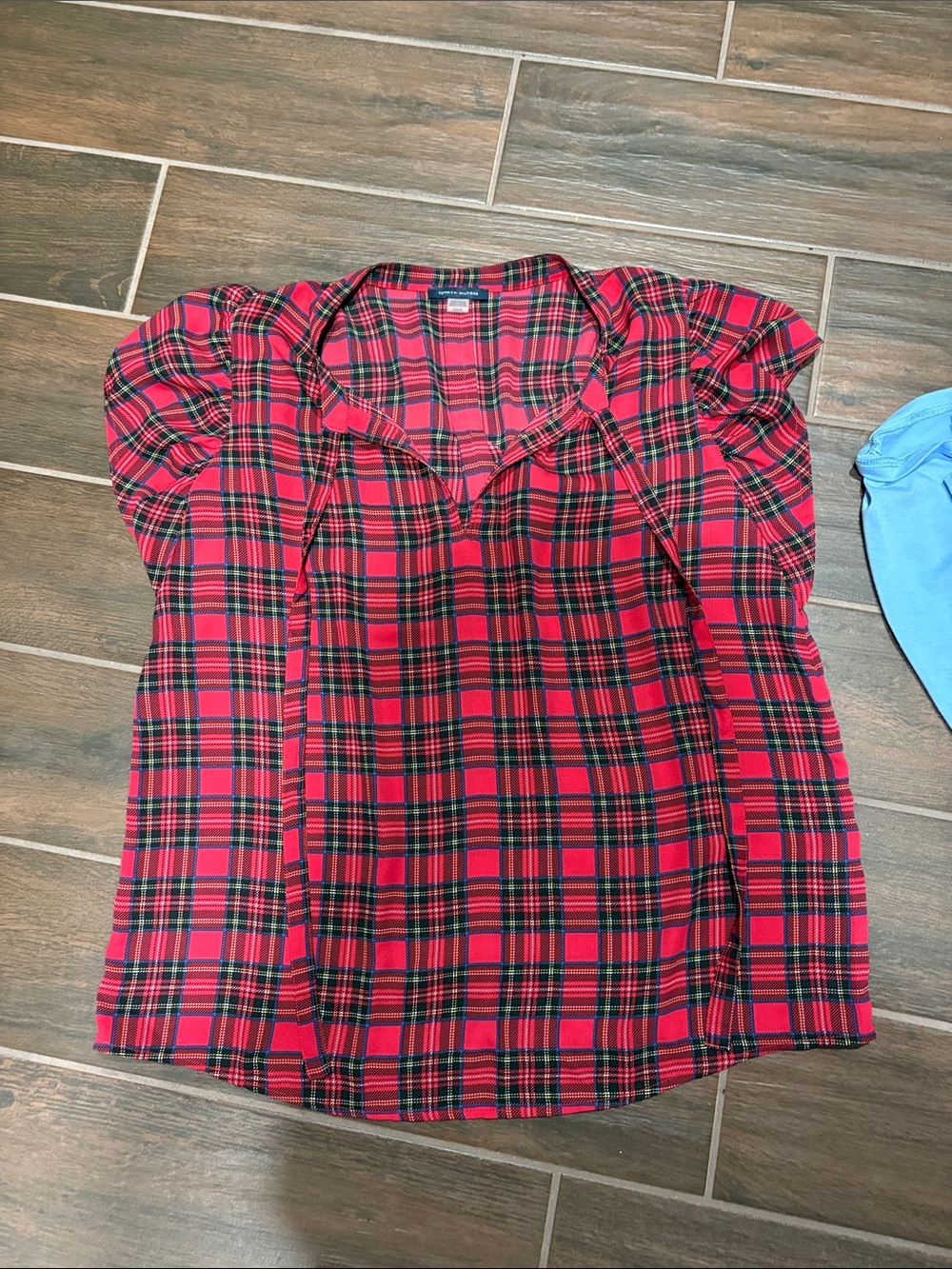 Tommy Hilfiger Red and Black Plaid Short-Sleeve Blouse